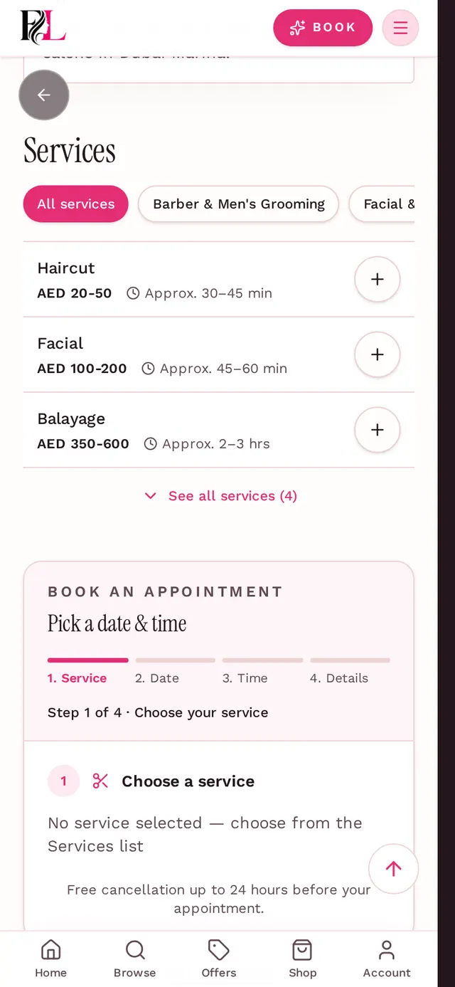 Screenshot of a provider page with the services list and booking calendar, showing available time slots a customer can reserve