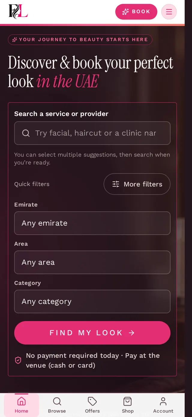 Screenshot of the FindYourLooks homepage showing the search bar and hero, where customers start filtering salons by emirate, category or service