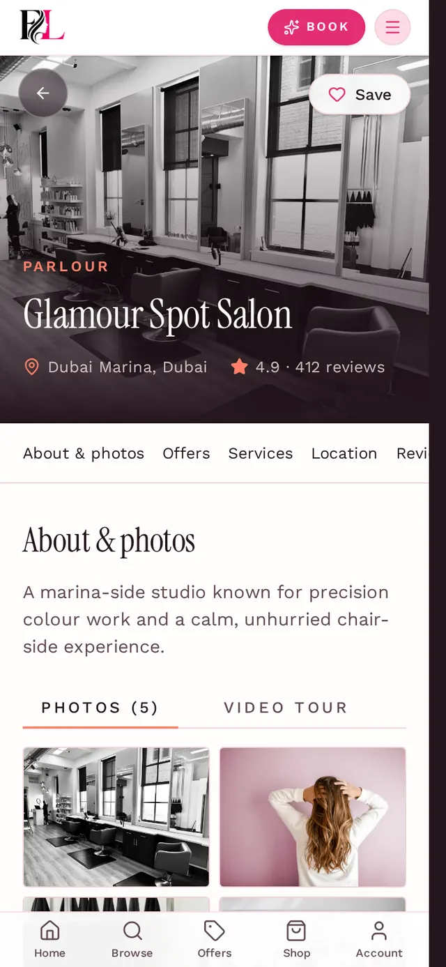Screenshot of a provider profile page with photos, services and the customer reviews section used to rate a visit