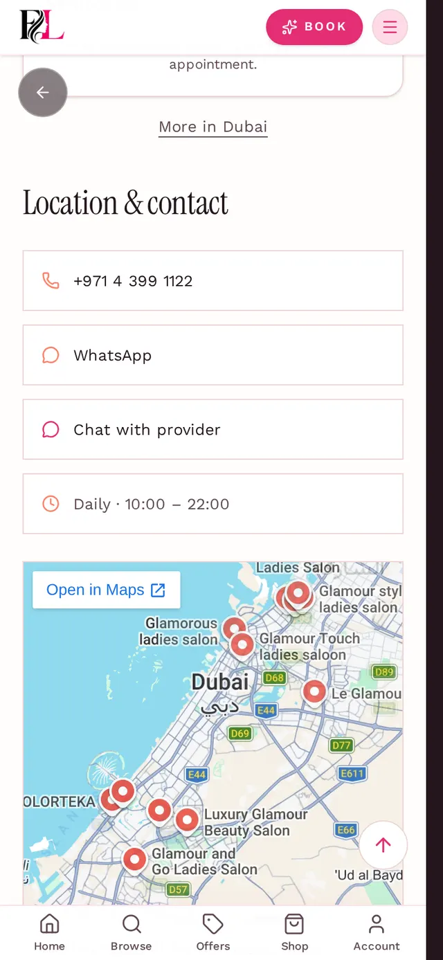 Screenshot of a provider page with the message option, showing how customers open a direct chat with the salon